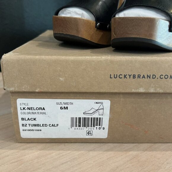 Lucky Brand Women's 6M Black Leather Wooden Nelora Platform Clog Strap Heel - Picture 2 of 7